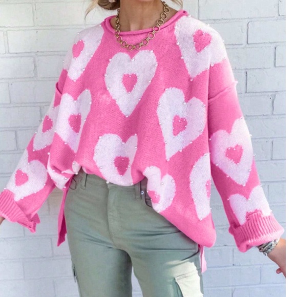 Vday Valentine’s Pink Loose Fit Faux Pearl Heart Sweater - Picture 3 of 6
